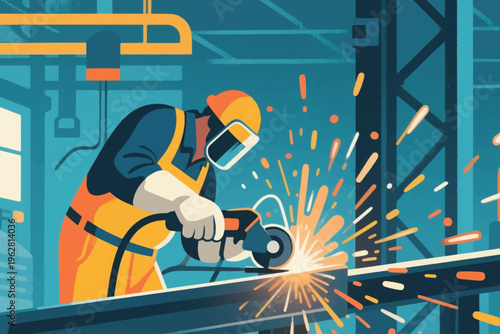Construction worker grinding metal beam with sparks, stylized vector illustration of industry and safety.