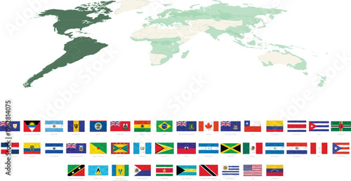 Americas map with country flags collection, North and South America nations flags set with continent highlight vector illustration