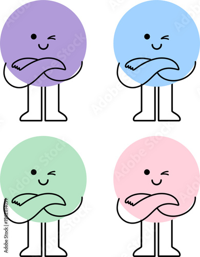 Cute Round Character with Crossed Arms and Wink Expression, Pastel Mascot Cartoon Vector Set