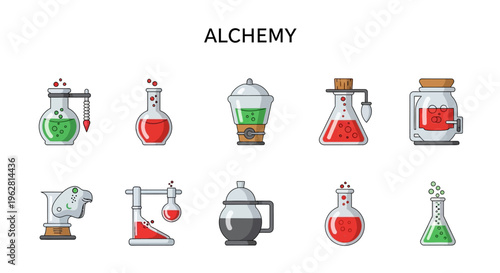 Alchemy laboratory equipment and potions.