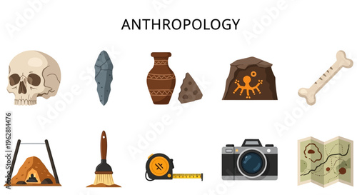 Anthropology symbols and ancient artifacts.