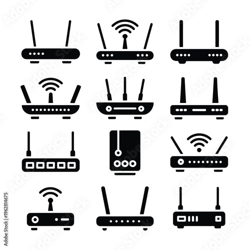 A collection of various wireless router icons on a white background