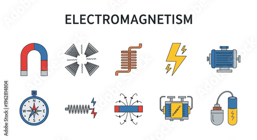 Electromagnetism science technology icons set.