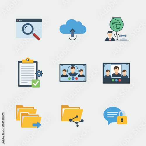 Colorful vector icons representing technology, communication, and management