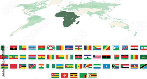 Africa map with country flags collection, African nations flags set with continent highlight vector illustration