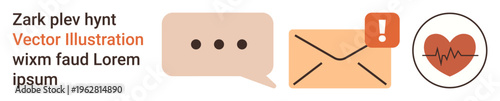 Digital media, health notifications, messaging apps, online communication, warning alerts, email icons. Speech bubble, envelope with notification and heart with heartbeat line. Focuses on health