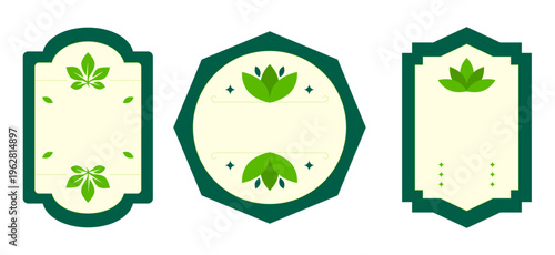 Set of three frames with green leaves ideal for natural food or organic products labels