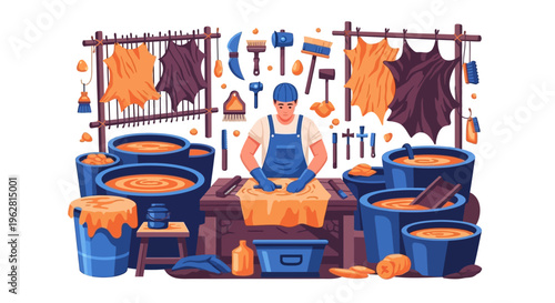 Leather Tanner Working with Raw Hides and Dyes.