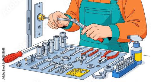 Locksmith working on a door lock with tools laid out.