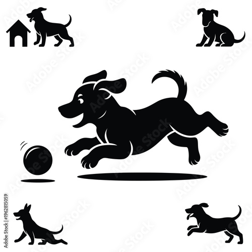 A playful black dog running and jumping with a ball