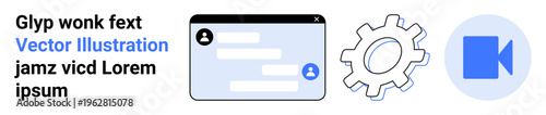 Digital design, user interaction, app development, communication tools, online meetings, settings configuration. Chat window, gear and camera icons displayed. User interaction and app development