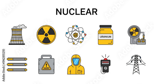 Nuclear power plant energy icons set.