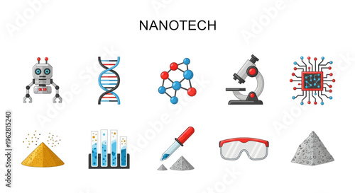 Nanotechnology and science icons set.