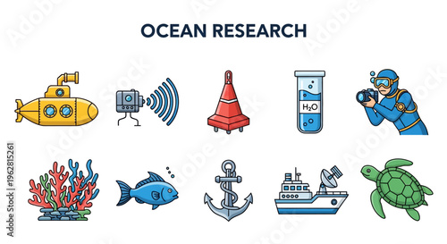 Ocean Research Marine Science Exploration Icons.