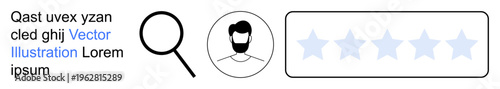 Recruitment, user feedback, reviews, online profiles, background checks, digital identity. Display includes a magnifying glass, user avatar and star rating box. Recruitment and user feedback