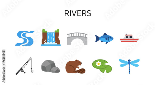 Rivers and water ecosystem icons.