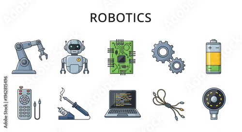 Robotics technology and engineering icons set.