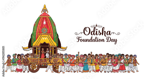 Illustration of a vibrant procession celebrating Odisha Foundation Day with a colorful chariot and traditional dancers in Odisha, India.