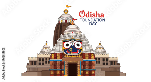 Illustration of a temple on Odisha Foundation Day with a colorful facade and a large decorative face, symbolizing the cultural celebration and heritage of Odisha state in India.