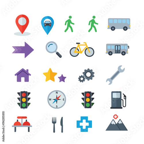Flat vector icons representing various symbols, including travel and design