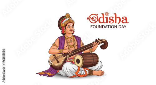 Illustration of a traditional Odisha musician playing a stringed instrument on Odisha Foundation Day with cultural elements and vibrant colors.