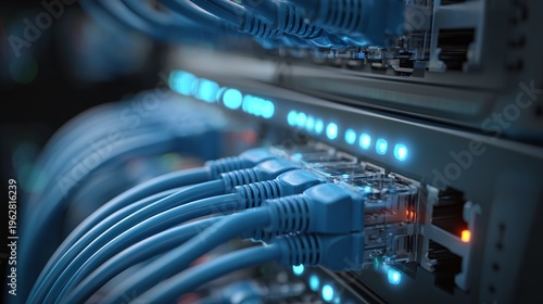 Blue ethernet cables connected to network.