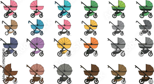 Baby stroller collection with different colors and styles, modern pram designs set, childcare transport equipment vector illustration isolated on white background