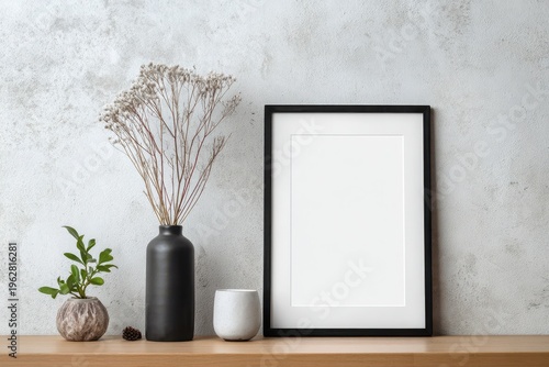 A minimalist decor scene featuring a framed blank canvas and decorative vases with plants. Certificate mockup framed
