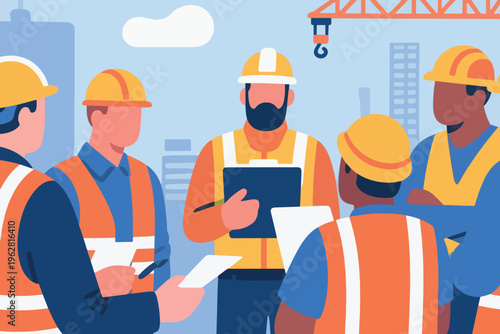 Construction workers briefing with clipboard and papers at site, stylized vector illustration of teamwork and safety.