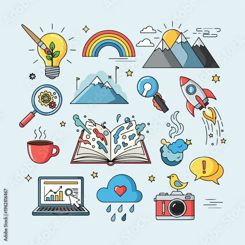 Colorful vector illustration with creative ideas, elements, and symbols