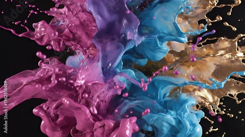 Pink, blue, and gold liquid splashes frozen mid-air against black