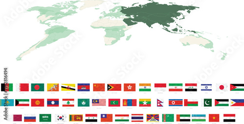 Asia map with country flags collection, Asian countries political map and flags set vector illustration