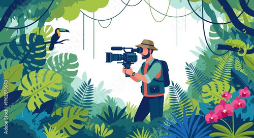 Man filming in jungle with professional camera.
