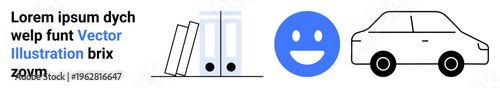 emotions, technology, transportation, office supplies, emoticons, document organization. A happy emoji, binders and a car in a flat artistic style. Concept of emojis and office supplies trending