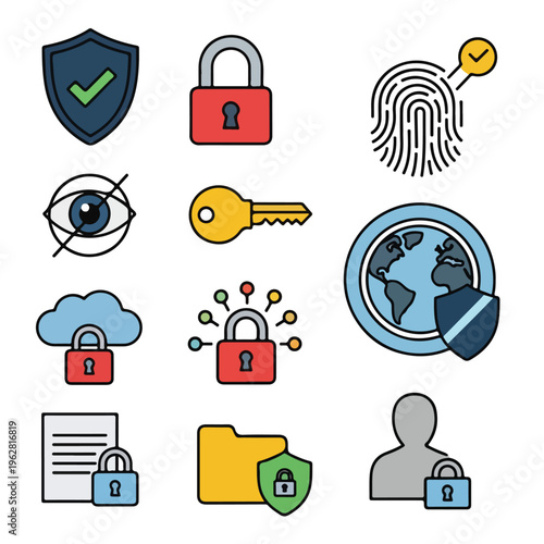 Colorful vector icons showcasing cybersecurity, data protection, and authentication