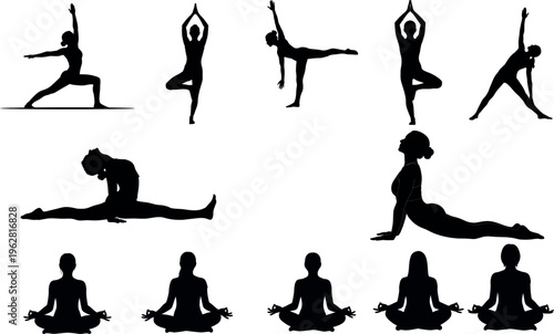 Silhouette of various yoga poses for flexibility and wellness yoga silhouette