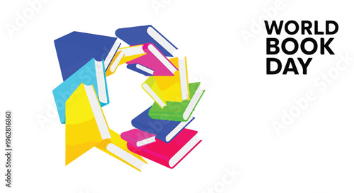 Colorful illustration of books forming a circular arrow for World Book Day on a white background with vibrant tones