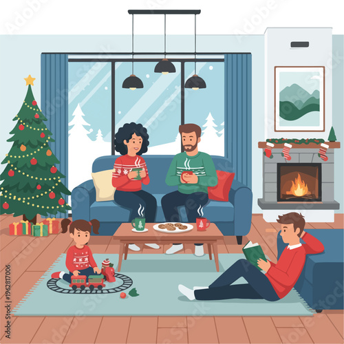 Family in a cozy living room celebrates winter holidays, enjoying tea and gifts