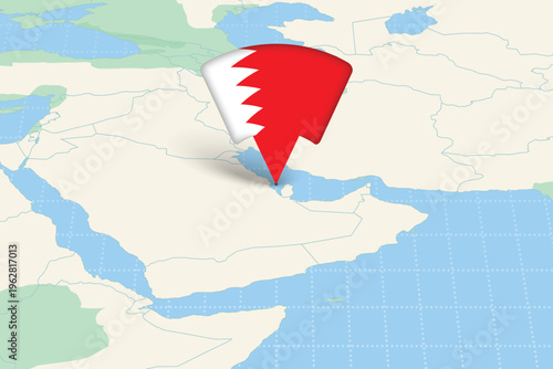 Bahrain location map with national flag pin, Middle East Gulf region map with country marker vector illustration