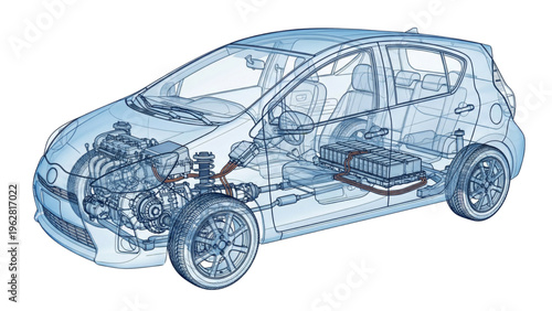 Technical 3D wireframe compact hybrid city car with x-ray view and translucent blue exterior body. Ideal for automotive and urban mobility concepts.