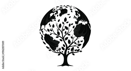Globe tree symbol represents the interconnected nature of our planet and emphasizes the importance of global sustainability for future generations in a clean and minimalist graphic design style.