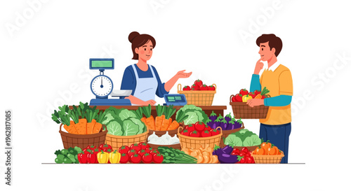 Man and woman at a vibrant farmers market stall.