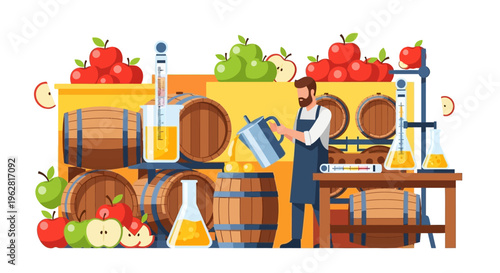Man Brewing Cider in Rustic Distillery with Apples and Barrels.