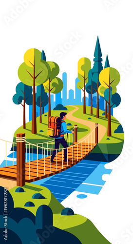 Man crossing suspension bridge on scenic hiking trail.