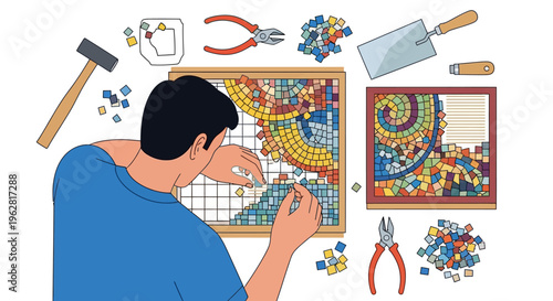 Man creating mosaic art with colorful tiles and tools.