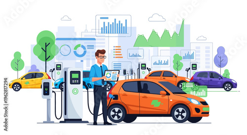 Man charging electric car at charging station with data visualization.