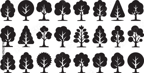 Diverse Tree Silhouettes: An array of various tree silhouettes, perfect for illustrating environmental themes, nature designs, or creating a visual inventory of arboreal life.