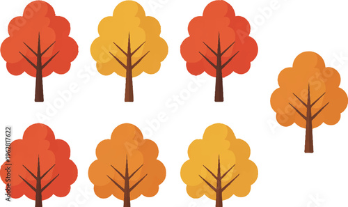 Autumn Trees Graphic: A collection of stylized trees in vibrant autumnal hues, offering a warm and inviting design, perfect for seasonal projects.
