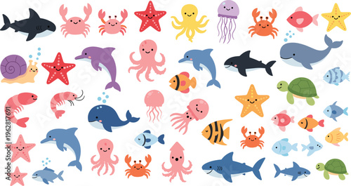 Cute sea animals cartoon collection with fish, dolphin, whale, crab, octopus and turtle, colorful marine life vector set isolated on white background