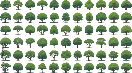Forest Array: A comprehensive collection of various tree species forms a vibrant forest, showcasing the diverse beauty and vital role of trees in nature's ecosystem.